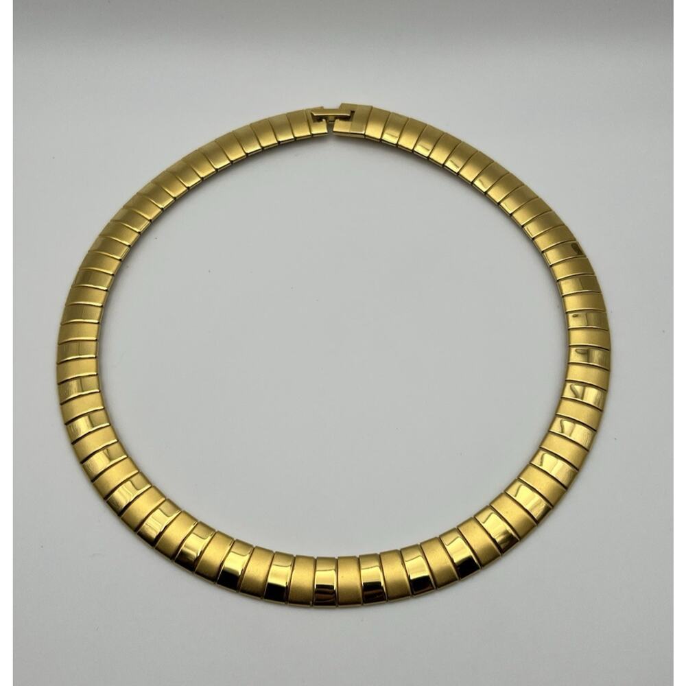Gold Tone Choker Necklace 80s Egyptian Style Link Shiny Matte Collar Statement